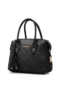 Borsa nera in pelle trapuntata con ferrature dorate, doppio manico e nappina decorativa. Presenta bordi arrotondati e chiusura con cerniera.