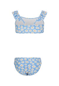 Sæt med to dele af badetøj, der har en lys blå bund med hvide og gule tusindfryd mønstre. Toppen har flæser på stropperne; bunden er i enkel bikini stil.