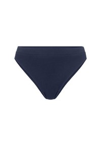 Dunkelblauer Bikini-Unterteil mit geripptem Muster, hoch geschnittenem Design und glattem Bund. Keine sichtbaren Muster oder Akzente.