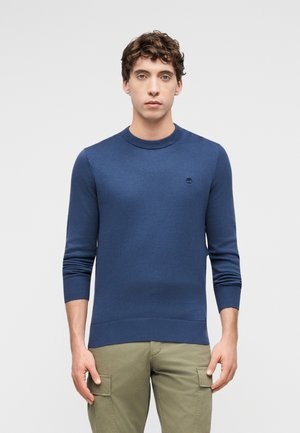 Ragazzo in piedi di fronte, indossa un maglione blu aderente e pantaloni cargo verde oliva su uno sfondo chiaro e uniforme.