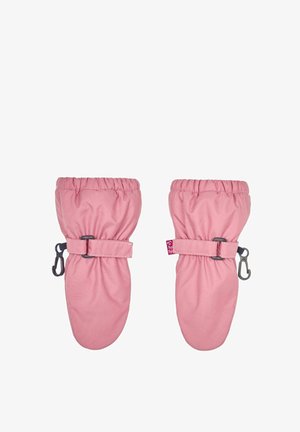 Vaaleanpunaiset vedenpitävät käsineet, joissa on joustavat yläosat ja säädettävät hihnakiinnitykset. Sileä pinta ja pyöristetty muoto, mukana klipsi kiinnittämistä varten.
