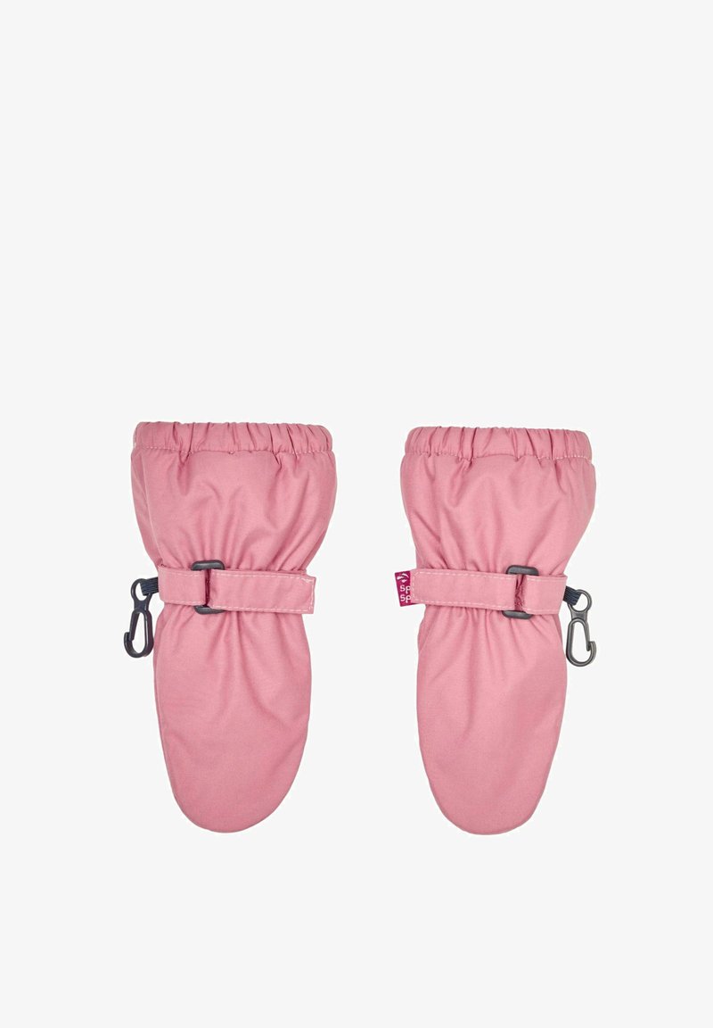 Rosa wasserdichte Handschuhe mit elastischen Oberteilen und verstellbaren Riemenverschlüssen. Glatte Textur mit abgerundeter Form, ausgestattet mit einem Clip zur Befestigung.