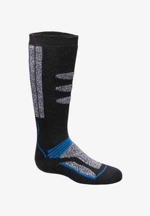 Calcetines negros hasta la rodilla con detalles en gris y azul, que presentan patrones texturizados y refuerzo en el talón y la punta para mayor durabilidad.