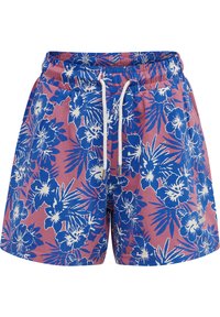 Blaue und pinke Blumen-Shorts mit einem elastischen Bund, Kordelzug und weißen tropischen Blumenmustern. Hergestellt aus leichtem Stoff.