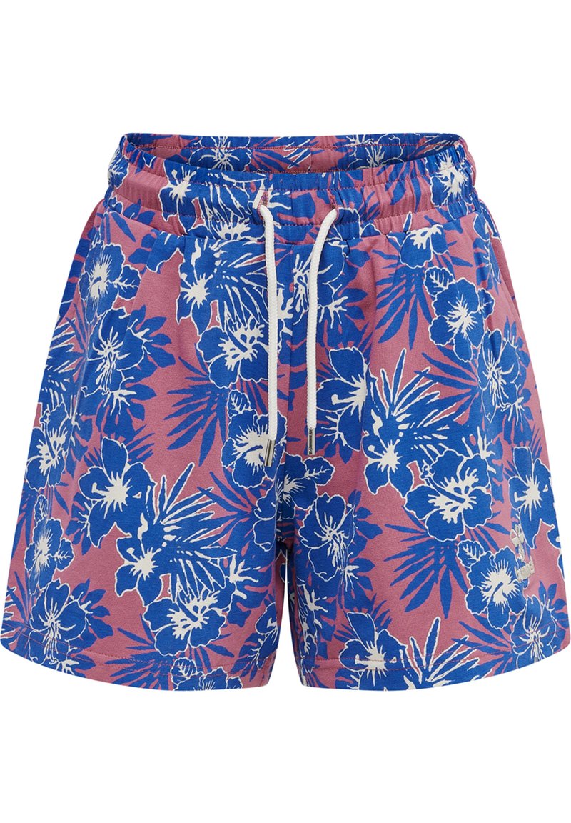 Blaue und pinke Blumen-Shorts mit einem elastischen Bund, Kordelzug und weißen tropischen Blumenmustern. Hergestellt aus leichtem Stoff.