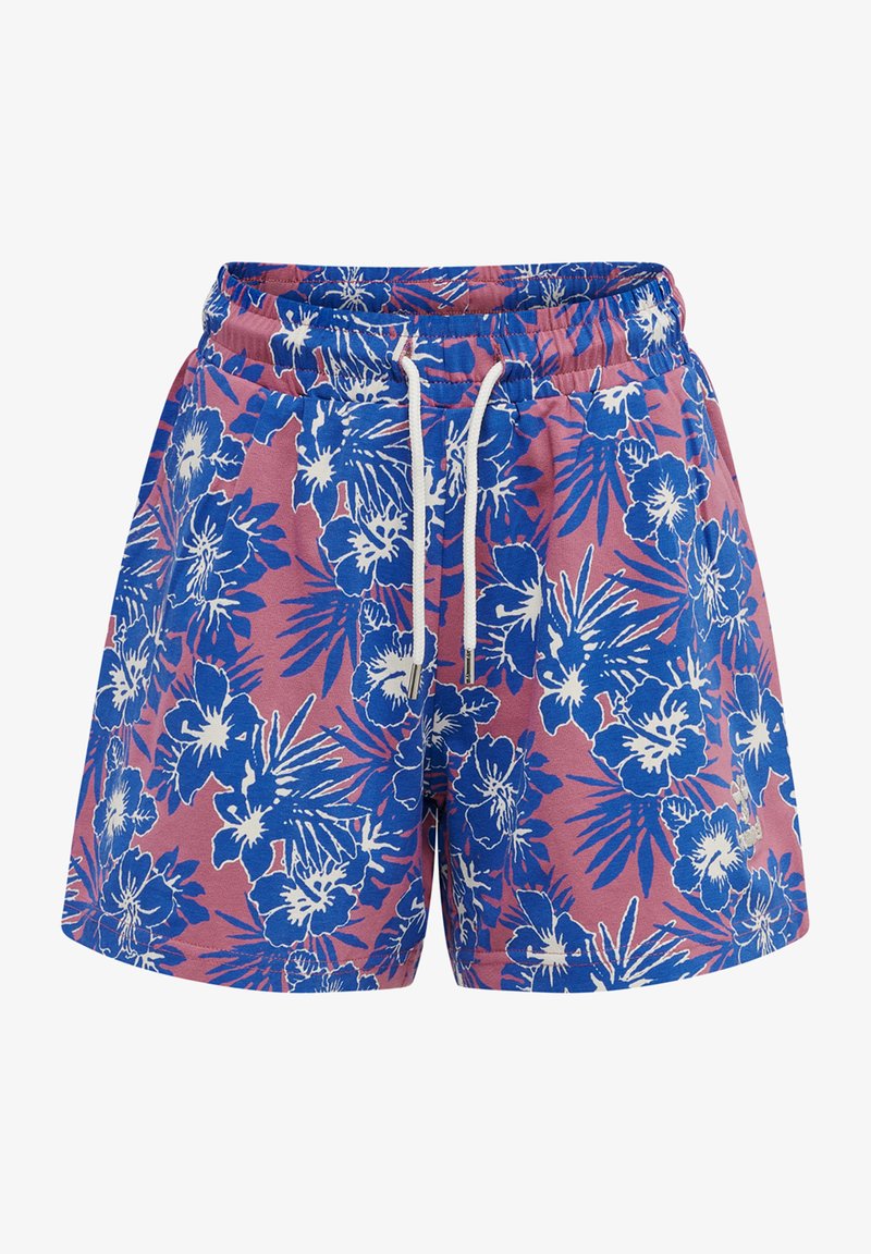 Blå och rosa blommiga shorts med elastisk midja, dragsko och vita tropiska blommönster. Tillverkade av lättviktsmaterial.