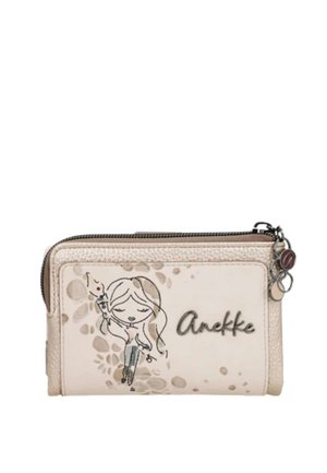 Portafoglio beige con zip, con illustrazione di una ragazza dei cartoni animati con un uccello e il nome "Anekke" sul davanti.