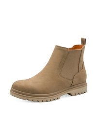 Bottines en cuir marron avec des panneaux latéraux élastiques, bout rond et semelle en caoutchouc durable dotée d'un motif cranté pour une meilleure adhérence.