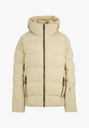 Beige padded jacket with a high, adjustable hood, full front zipper, and two side pockets. Material is smooth with a slightly shiny finish.