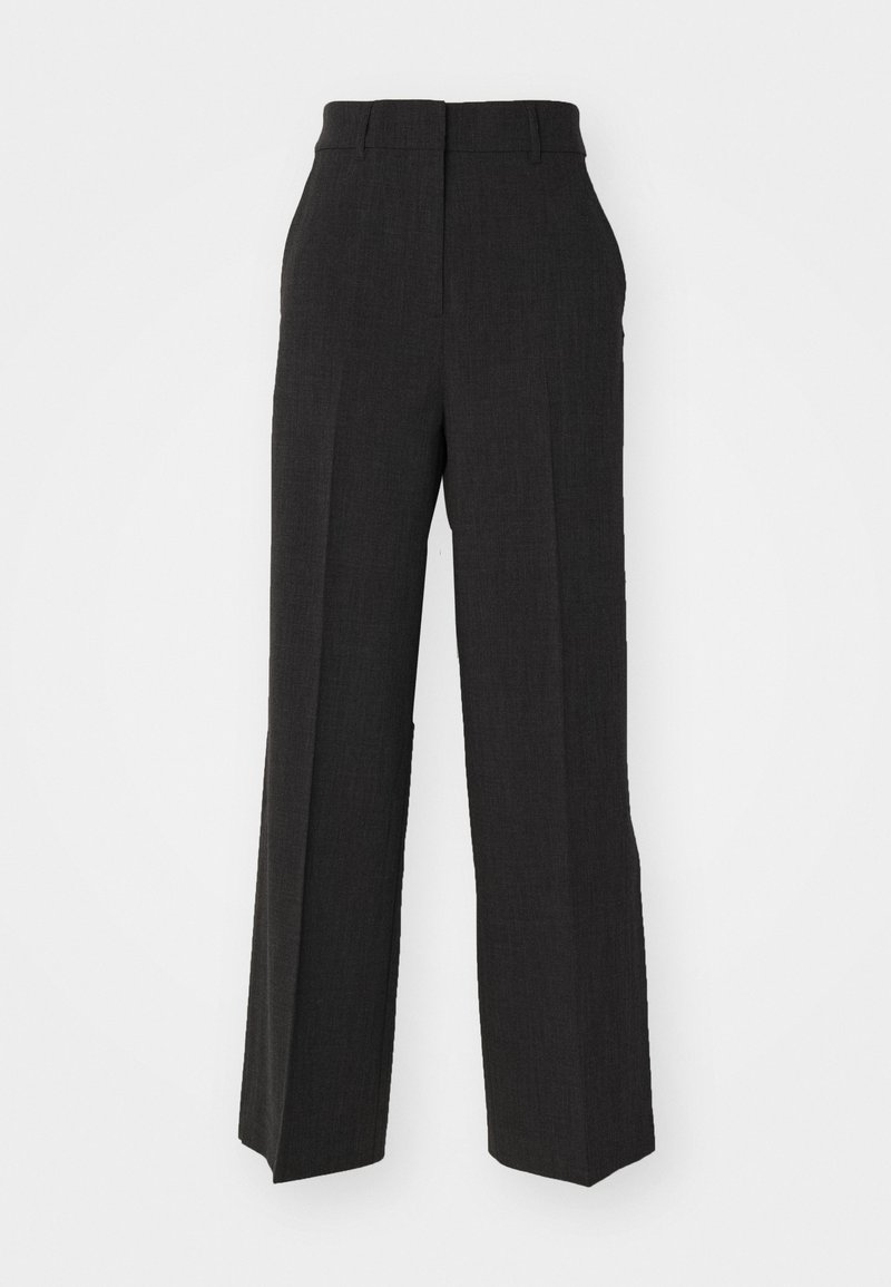 Dunkelgraue Hose in einem maßgeschneiderten, weiten Schnitt. Aus strukturiertem Stoff, mit Gürtelschlaufen und einer mittelhohen Taille. Sauberer, gerader Saum.