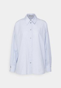 Camicia a righe azzurre chiare con colletto classico, maniche lunghe, chiusura con bottoni e bottoni argentati. Realizzata in un tessuto leggero.