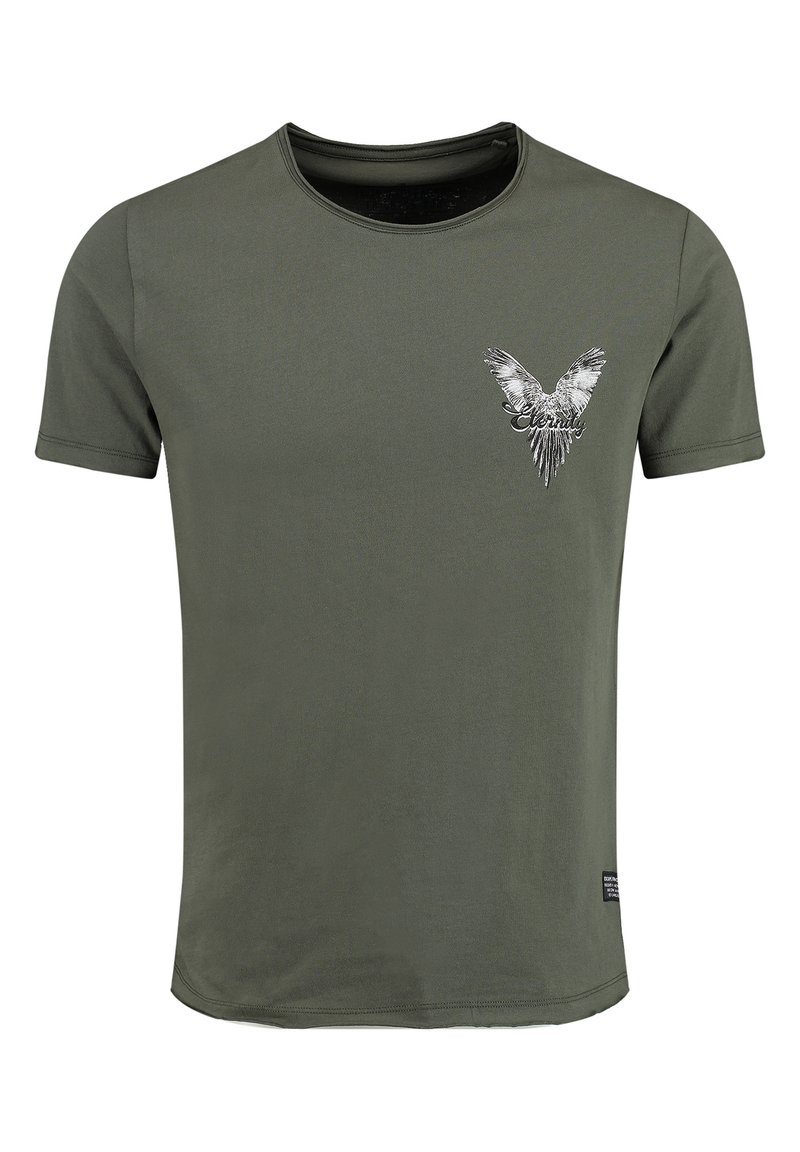 Olivgrünes Baumwoll-T-Shirt mit kurzen Ärmeln, rundem Ausschnitt und einem Flügel-Grafik mit dem Text "Ewigkeit" auf der linken Brust. Glatte Textur.