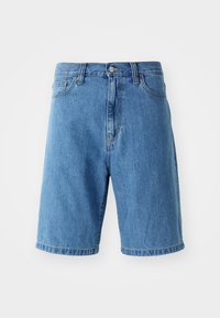 Blue denim shorts with a relaxed fit, waistband with belt loops, front button closure, and rolled hems. No visible patterns or accents.