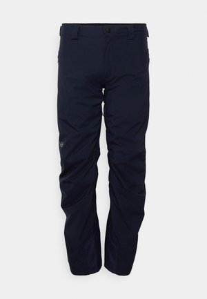 Navyblauwe waterdichte skibroeken van synthetisch materiaal, met ritssluitingen, een knoopsluiting en een relaxte pasvorm.