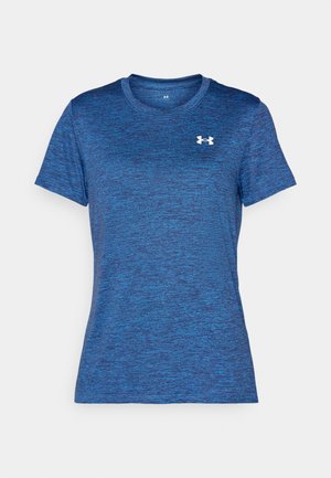 Camiseta atlética azul de mangas curtas com um padrão texturizado e mesclado. Apresenta um decote redondo e um pequeno logótipo branco no peito.