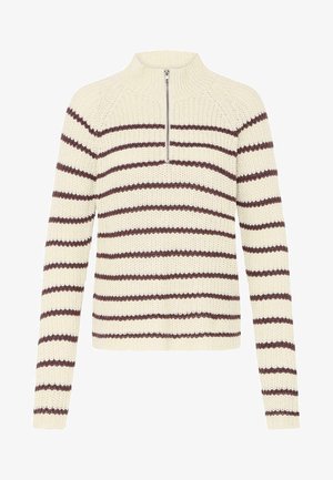 Pull en tricot avec un col zippé sur un quart, présentant des rayures horizontales alternées crème et bordeaux, ainsi que des poignets et un ourlet côtelés.