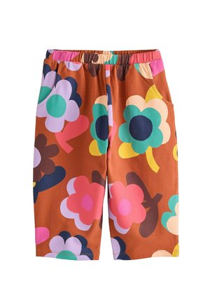 Kinder Shorts mit elastischem Bund und großen bunten Blumenmustern auf braunem Hintergrund sowie Seitentaschen.
