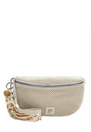 Beežist võrgukangast tõmblukuga kott, millel on dekoratiivne pruun-valge punutud tutiga võtmerõnga aasas.