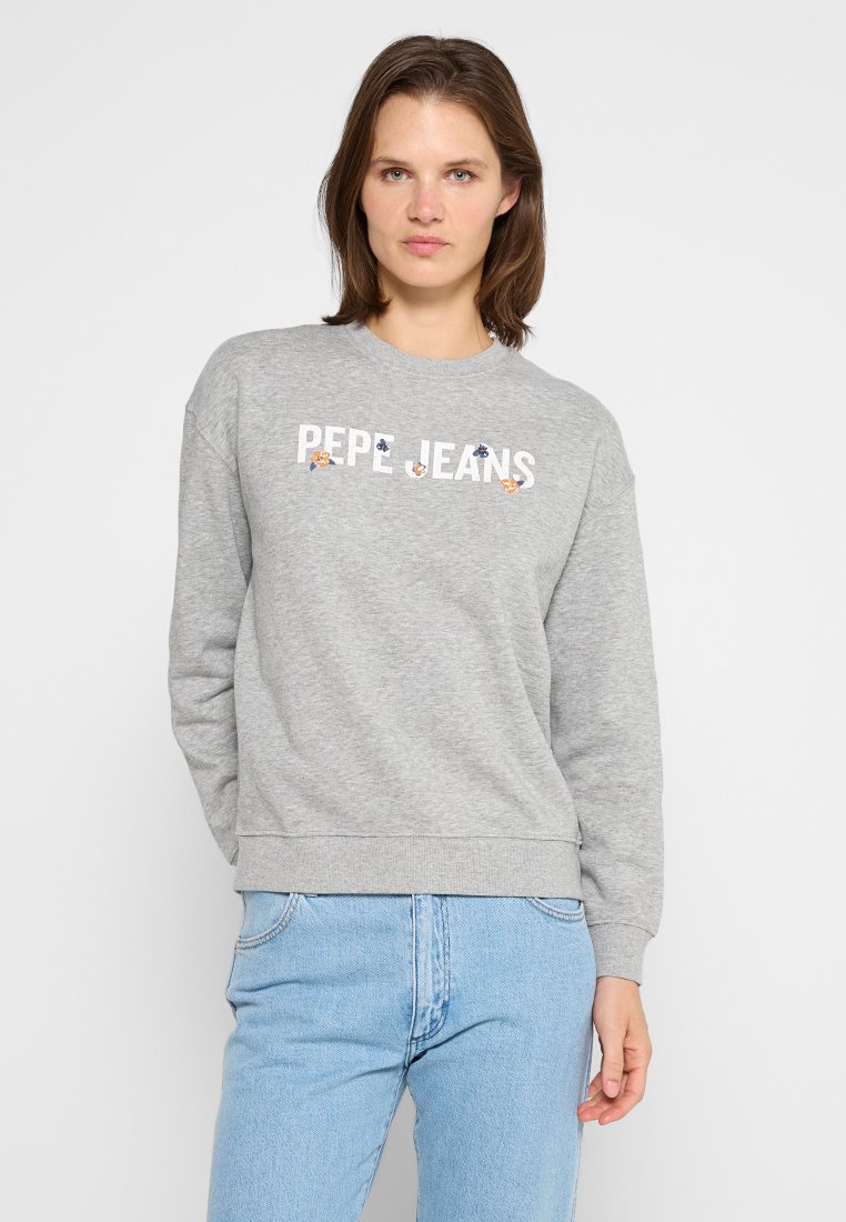 Szary sweatshirt wykonany z bawełnianej mieszanki, z okrągłym dekoltem, ściągaczami przy mankietach i u dołu, z białym logo "PEPE JEANS" oraz kolorowymi akcentami.