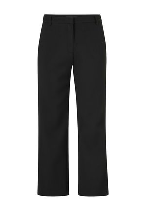 Sorte bukser med lige ben, bæltestropper og skjult frontlukning, vist på en hvid baggrund.