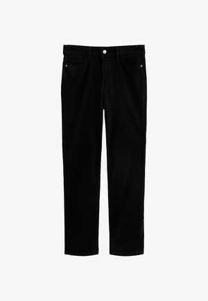 Schwarze Jeans aus Denim mit geradem Bein. Mit Vordertaschen, einem Knopfverschluss und minimaler Naht. Langlebiger Stoff.