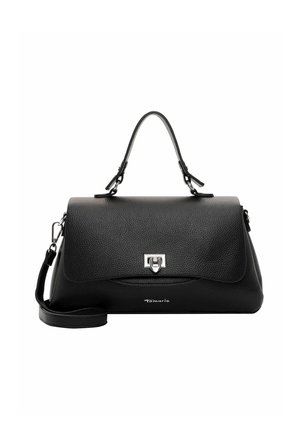 Černá kožená kabelka s horním uchem, stříbrným zapínáním, odnímatelným ramenním popruhem a logem Tamaris na přední straně.