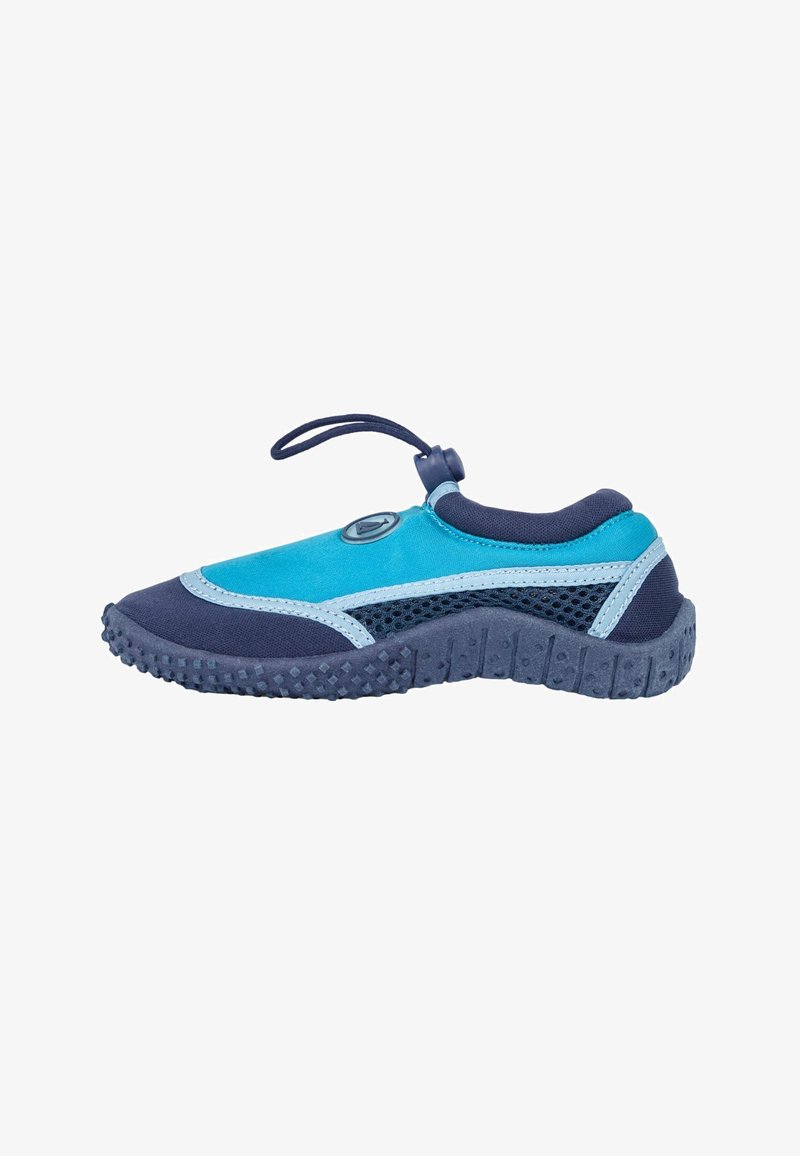 Scarpa da acqua blu e navy con suola texturizzata, lati in mesh e laccio elastico regolabile su sfondo bianco.