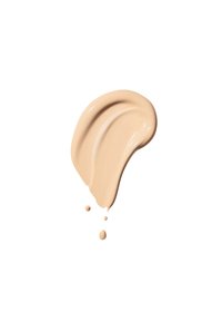 Fond de teint liquide à la texture lisse et crémeuse. Couleur beige clair avec un subtil éclat, présentant des gestes d'application courbes et quelques gouttes.
