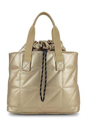 Gouden doorgestikte draagtas met brede beige handvatten en zwarte trekkoordsluiting aan de bovenkant.