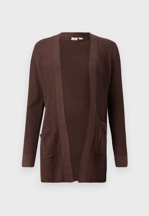 Brun strikket cardigan med teksturert ribbing, åpen front, to frontlommer og lange ermer. Egnet for lag-på-lag og uformell bruk.