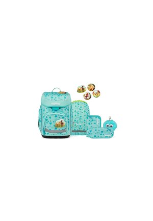Blau-grünes Kinderrucksack-Set mit Herzmustern, enthält Tasche, Brotdose, Federmäppchen, flauschigen Schlüsselanhänger und vier pferdethematische Anstecknadeln.