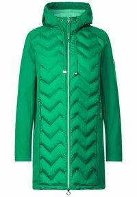 Groene donzen jas met ritssluiting aan de voorkant, chevronpatronen, verstelbare capuchon en ritszakken. Gemaakt van glad, lichtgewicht materiaal.