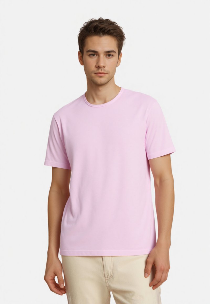 Light pink short-sleeve t-shirt made of soft fabric with a round neckline. Features a relaxed fit and no visible patterns or logos.