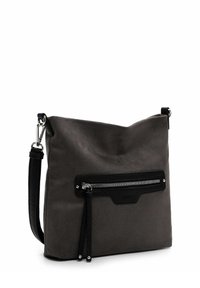 Gray fabric crossbody bag with a black zippered pocket, textured detailing, and adjustable strap; smooth finish with a modern design.
