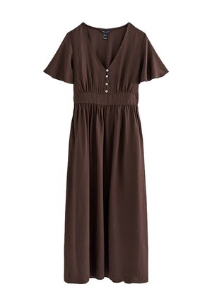 Vestito midi marrone con maniche corte svolazzanti, scollo a V, quattro bottoni sul davanti, vita aderente e gonna arricciata.