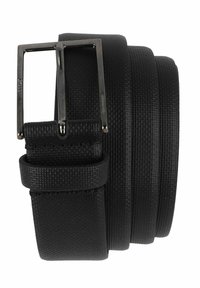 Zwarte riem van gestructureerd synthetisch materiaal, voorzien van een zilveren rechthoekige gesp met pen, en een lus om het uiteinde te bevestigen.