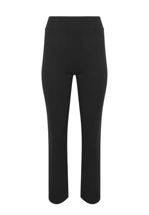 Pantalon noir taille haute, coupe slim avec jambes droites, en tissu lisse, présenté sur fond blanc.