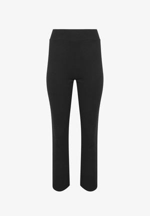 Pantalon noir taille haute, coupe slim avec jambes droites, en tissu lisse, présenté sur fond blanc.