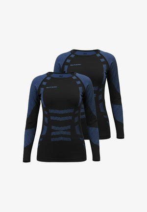 Langärmlige Baselayer-Oberteile in Schwarz mit blauen Akzenten. Verfügen über geometrische Muster und eine gerippte Struktur an den Ärmeln. Hergestellt aus dehnbarem Stoff.