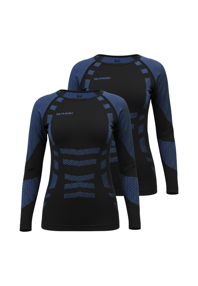 Long-sleeve base layer tops in black with blue accents. Features geometric patterns and ribbed texture on sleeves. Made from stretchy fabric.