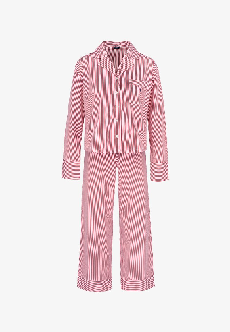 Proužkovaná červeno-bílá sada pyžama z měkké tkaniny, obsahující košili na knoflíky s kapsou a volné kalhoty s manžetami na nohavicích.