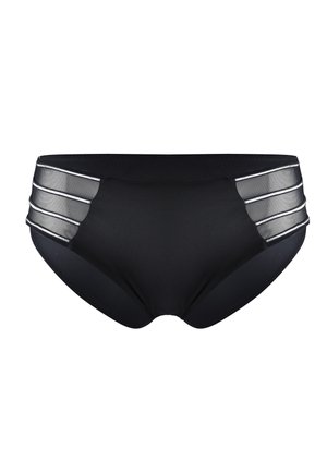 Czarne kąpielówki o gładkiej fakturze, z trzema poziomymi siateczkowymi panelami po bokach, z srebrnymi paskami dla kontrastu.