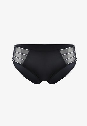 Czarne kąpielówki o gładkiej fakturze, z trzema poziomymi siateczkowymi panelami po bokach, z srebrnymi paskami dla kontrastu.