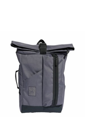 Gray roll-top backpack with a textured exterior, front zip pocket, side pocket, and contrasting dark base. Features adjustable straps and hardware.