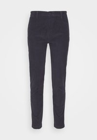 Tmavě modré kordové kalhoty se slim fit střihem, rovné nohavice, zapínání na knoflík a kapsami vpředu a vzadu. Texturovaná tkanina.