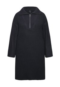 Robe en tricot côtelé sombre avec un col zippé, des manches trois-quarts et une coupe décontractée. Présente un décolleté en V profond et un tissu texturé.