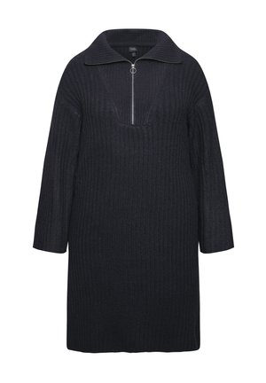 Abito in maglia a coste scuro con colletto con zip, maniche a tre quarti e vestibilità rilassata. Presenta un profondo scollo a V e un tessuto testurizzato.