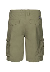 Shorts cargo vert olive en tissu léger. Dotés de deux poches arrière et de poches latérales avec fermetures à rabat. Design droit.