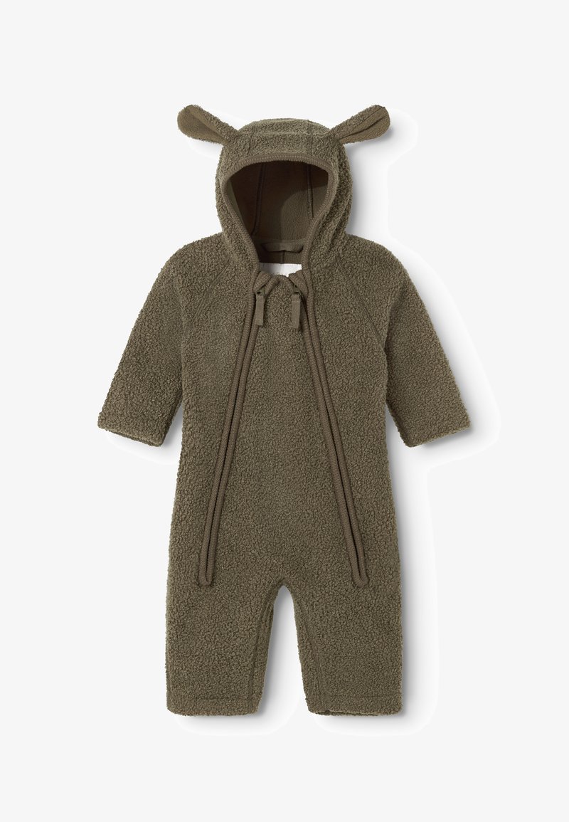Grenouillère bébé marron duveteuse à manches longues, capuche attachée avec deux petites formes d’oreilles et fermeture éclair devant.