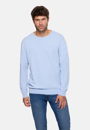 Hombre con cabello corto y castaño, vistiendo un suéter de manga larga azul claro y vaqueros azules, de pie frente a un fondo blanco liso.